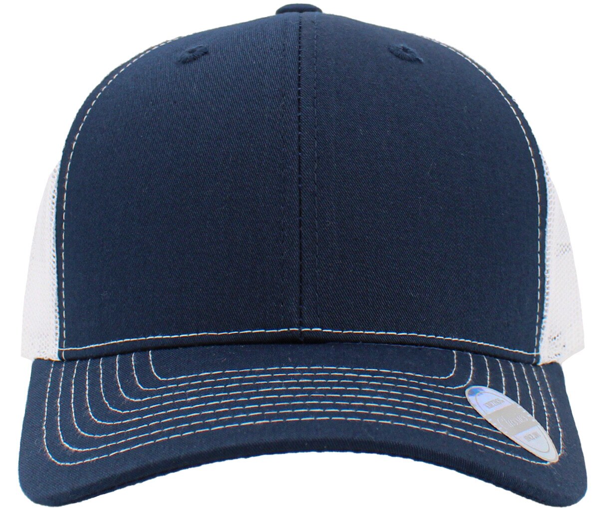 Navy Blue White Two Tone Classic 6 Panel Trucker Mesh Snapback Front View